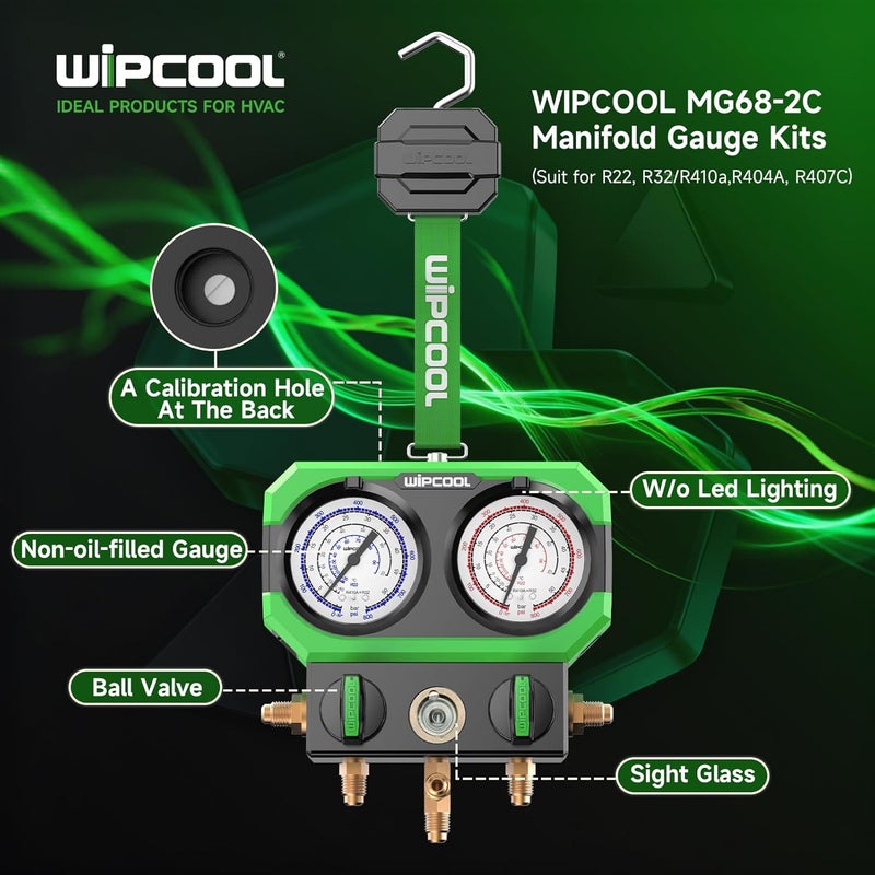 WIPCOOL Manifold Gauge Kits for R22 R410A/R32 R404A R407C Air Conditioning Refrigerants, with Sight Glass 3 * 1/4" SAE Ports, Shockproof Integrated Design - Image 2